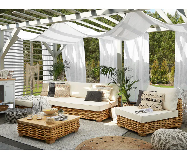 Conjunto de sala de estar 4 plazas por módulos de ratán natural/marrón dorado/blanco crema derecho VARALLO con Mango Desmo...