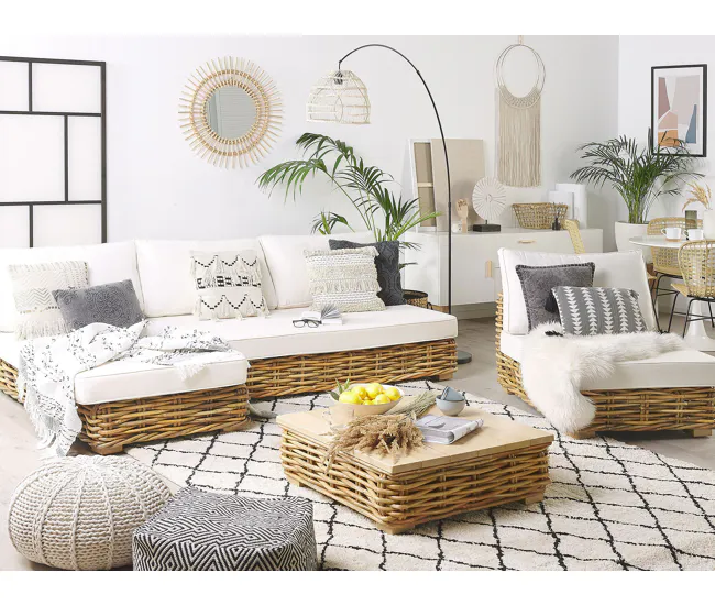 Conjunto de sala de estar 4 plazas por módulos de ratán natural/marrón dorado/blanco crema derecho VARALLO con Mango Desmo...