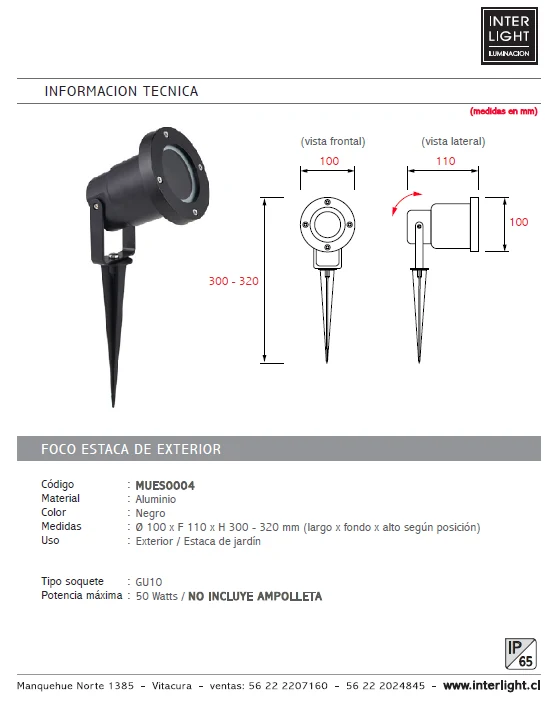 Estaca jardín resina negro IP65 Ø 10x32 cm GU10 - MUES0004 Diseño Equilibrado