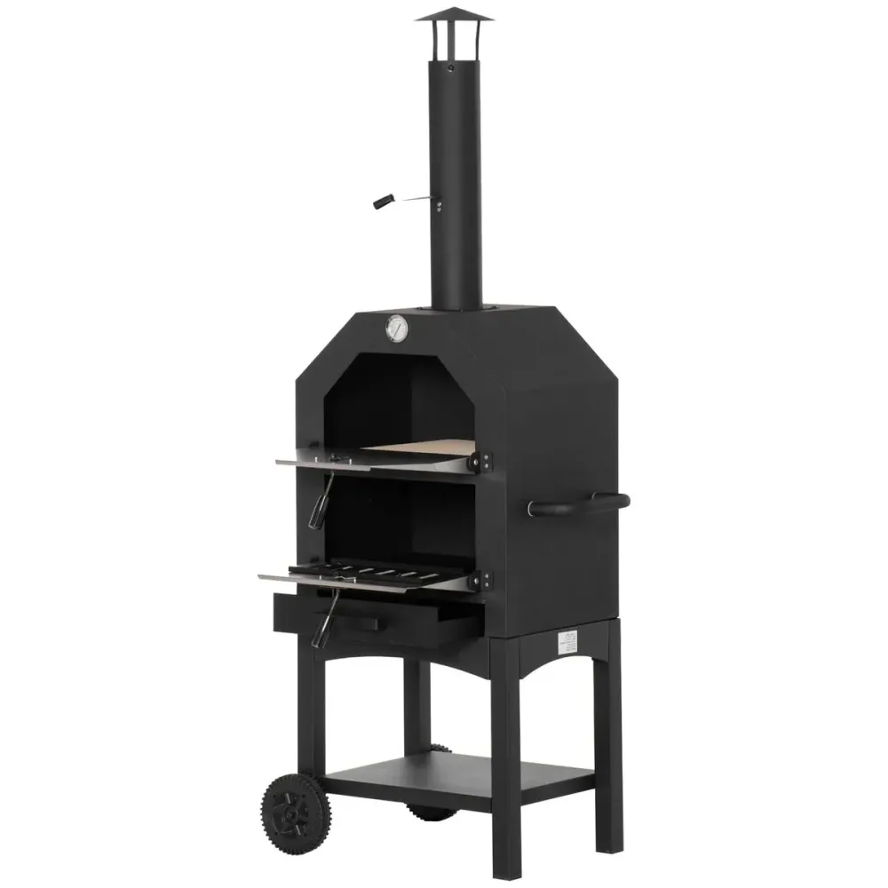 Horno de leñ Outsunny 3 niveles con ruedas acero inox negro 160x64x54 cm con Mango Telescópico Extensible
