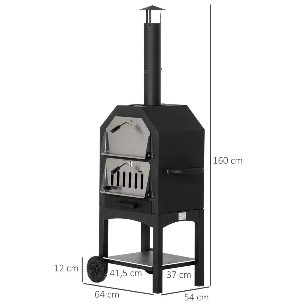 Horno de leñ Outsunny 3 niveles con ruedas acero inox negro 160x64x54 cm con Mango Telescópico Extensible