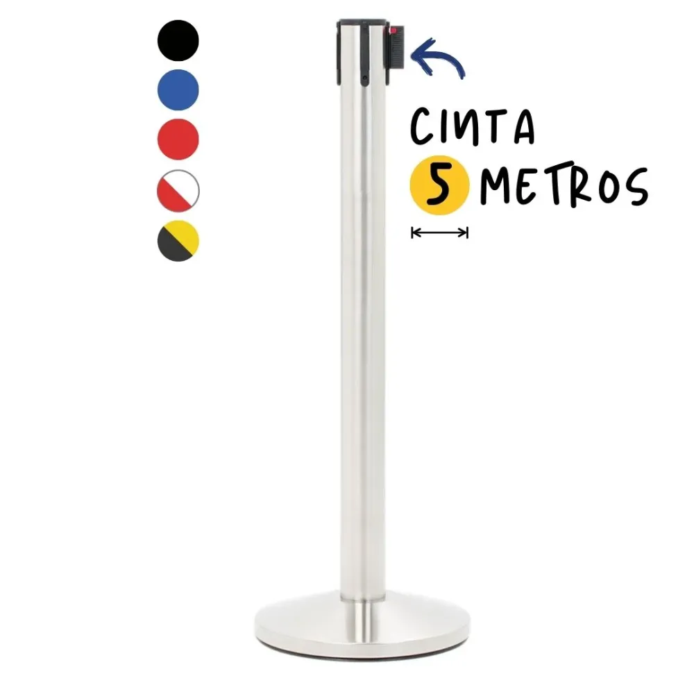 Profesional de Alta Potencia Poste separador con cinta retráctil 5 metros. Acero Cepillado. Azul