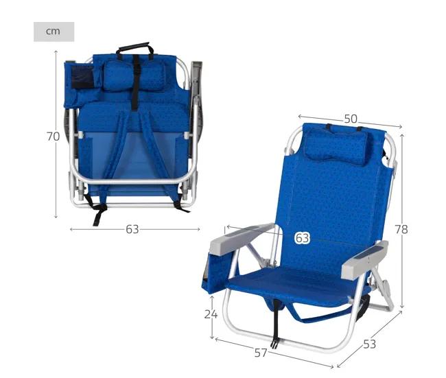 Aktive Silla de playa XXL plegable y reclinable 5 posiciones azul c/nevera y mochila