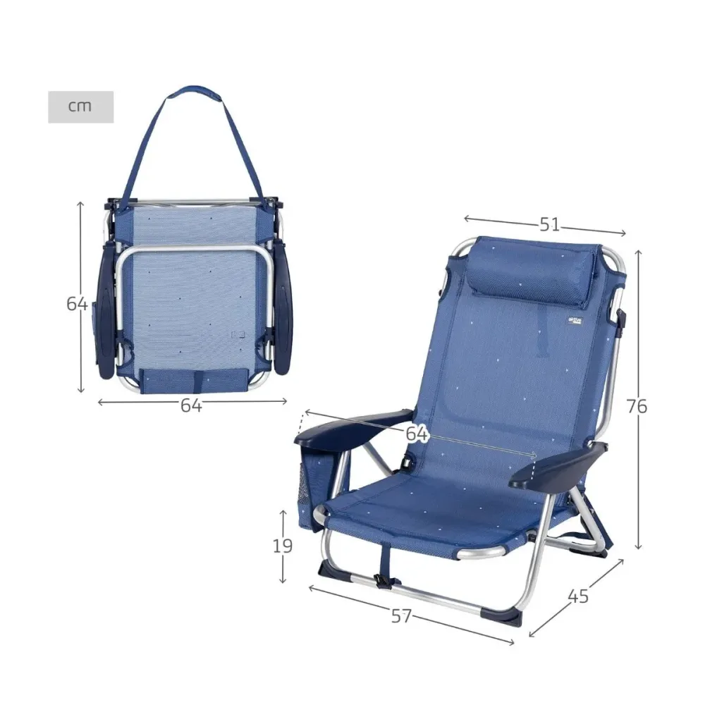 Silla de playa baja Aktive reclinable 4 posiciones + cojín azul 76x57x45 cm