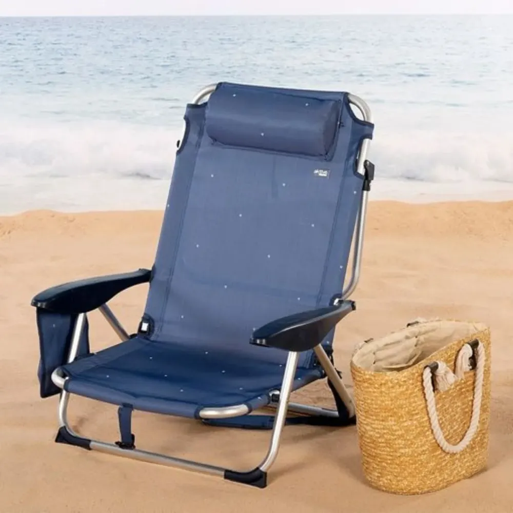 Silla de playa baja Aktive reclinable 4 posiciones + cojín azul 76x57x45 cm