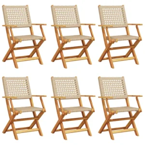 vidaXL Sillas de jardín plegables 6 uds madera maciza y ratán PE negro