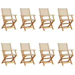 vidaXL Sillas de jardín plegables 8 uds madera maciza y ratán PE negro