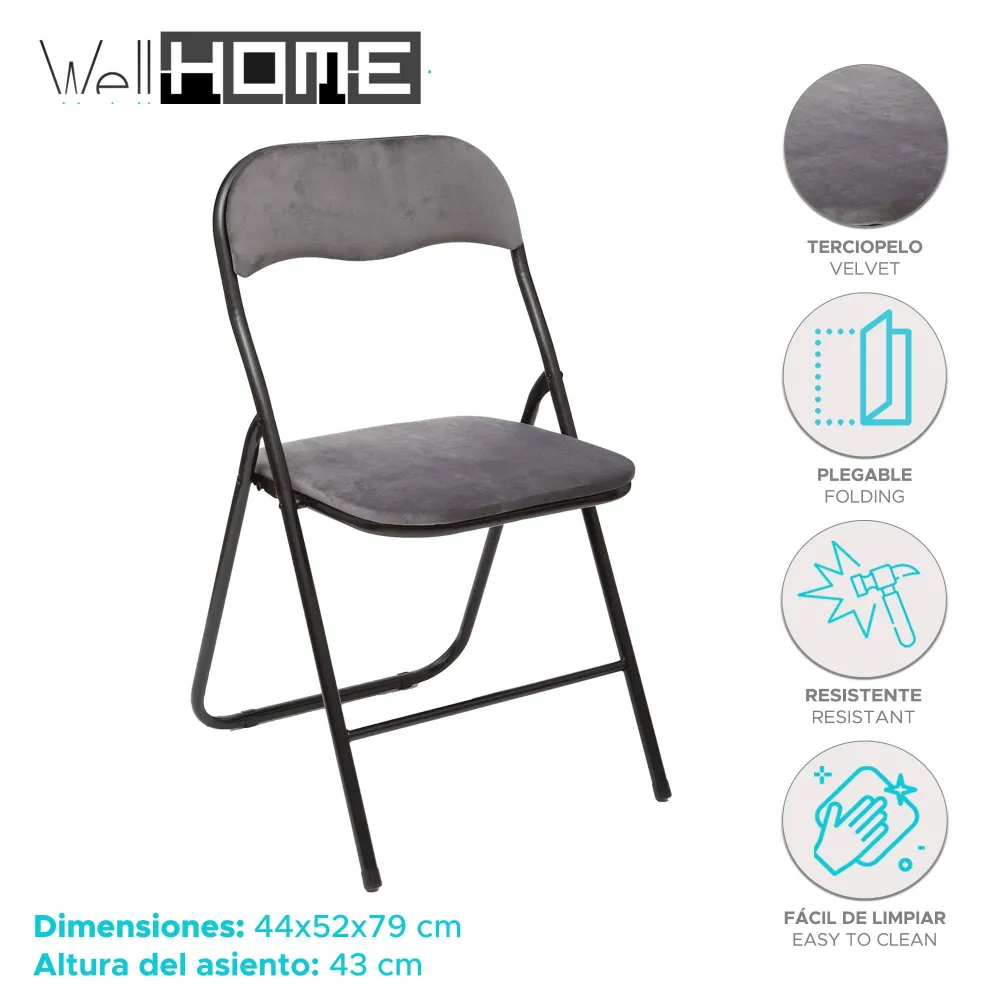 Well home - set de 4 sillas plegables de terciopelo gris