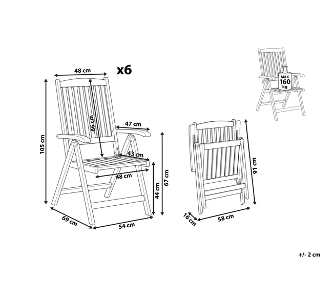 Conjunto de 6 sillas de jardín de madera de acacia clara JAVA