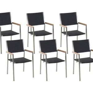 Conjunto de 6 sillas de jardín de ratán/acero negro/plateado GROSSETO
