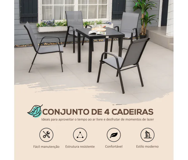 Outsunny Juego de 4 Sillas de Jardín Exterior Sillas Terraza Exterior Apilables Sillón de Comedor con Tela Transpirable Ma...