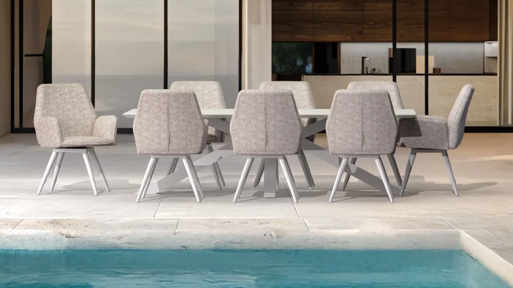 Silla de comedor giratoria Levin aluminio blanco textil marfil
