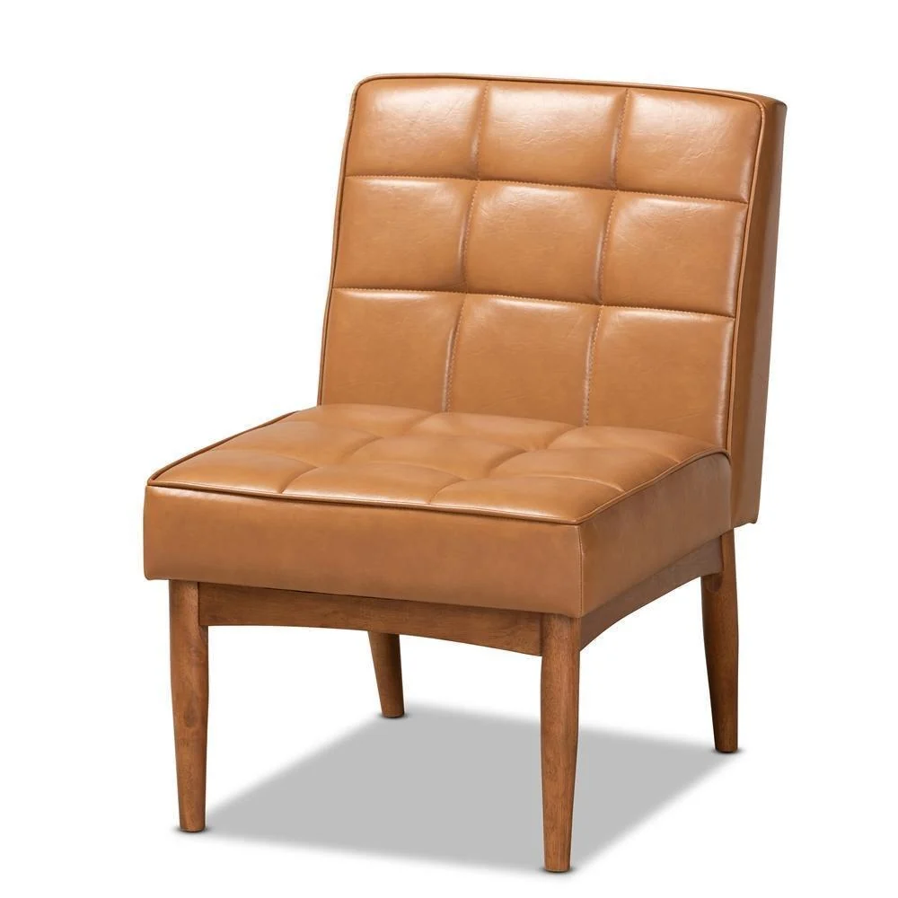 Silla de comedor Sanford de mediados de siglo, tapizada en piel sintética color canela y madera con acabado en nogal.