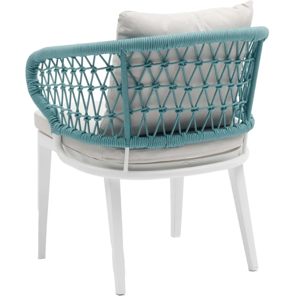 Sillón de comedor Isabela aluminio blanco y textil arena cuerda aqua.