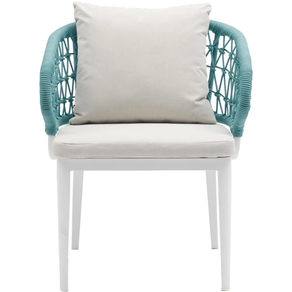 Sillón de comedor Isabela aluminio blanco y textil arena cuerda aqua.