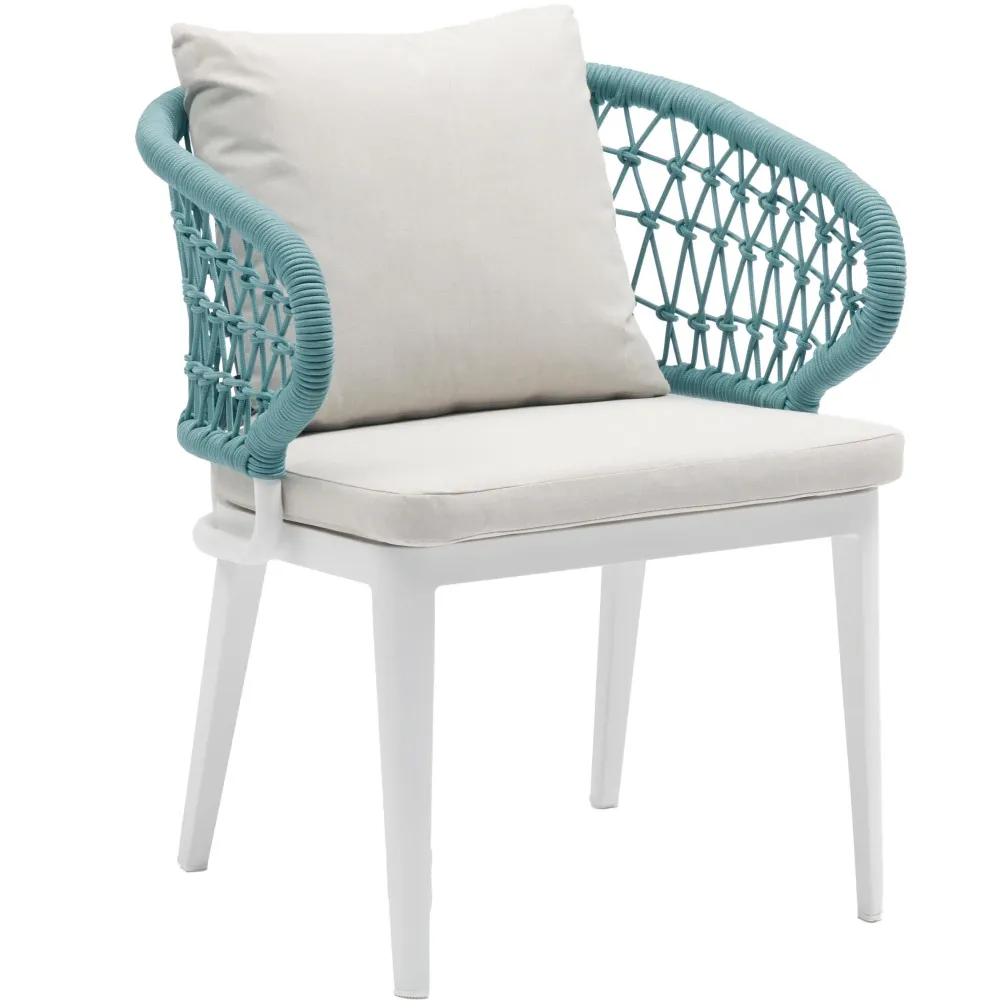 Sillón de comedor Isabela aluminio blanco y textil arena cuerda aqua.