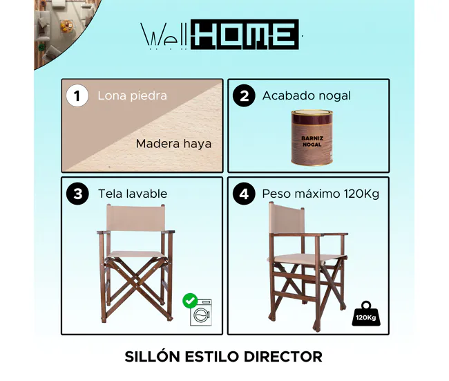 Sillón director estructura nogal con lona piedra, 51x46x86 cm