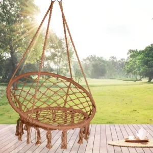 Columpio con Soporte Silla Colgante de Macramé para Interior y Exterior – Hamaca de Algodón Tejido con Aro Metálico Reforz...