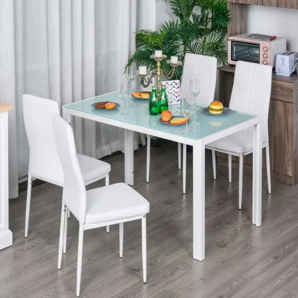 Conjunto de comedor Asia Homcom 1 mesa + 4 sillas blanco con Portavasos Integrado