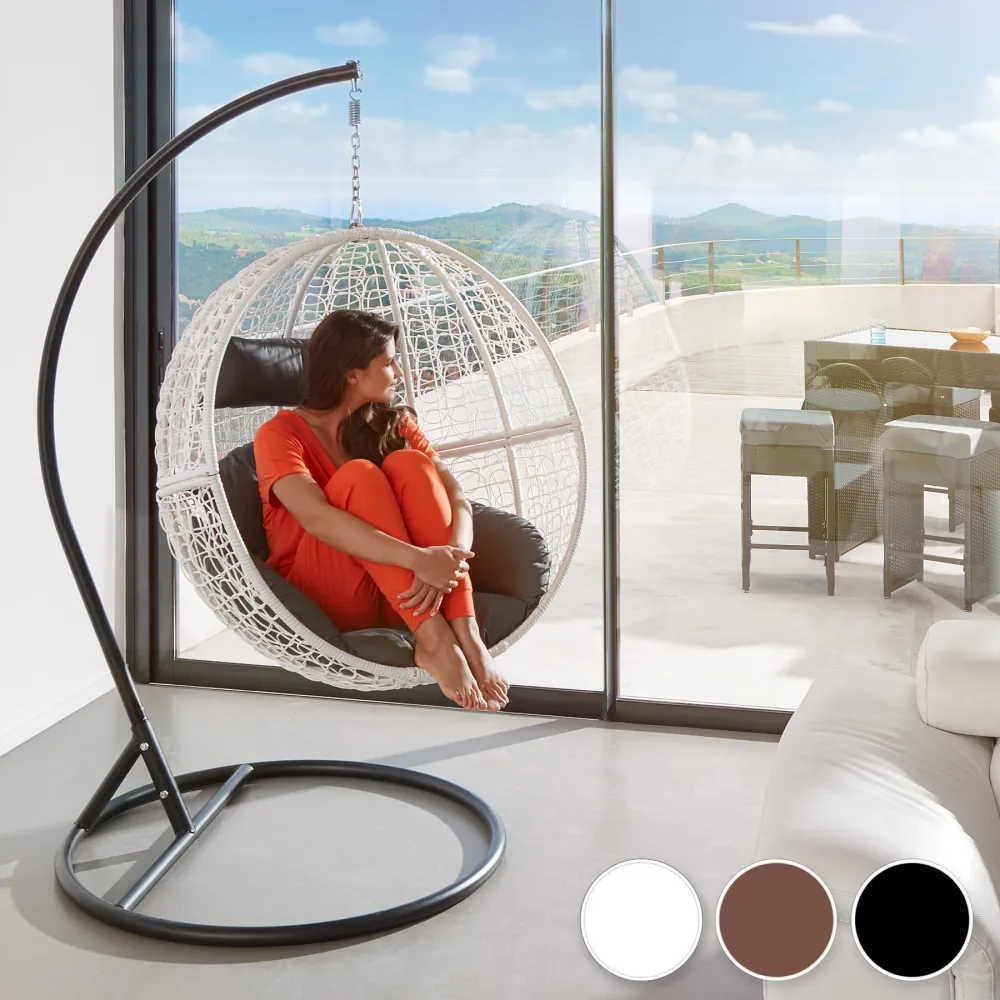 Sillón coLGante redondo de ratán con soporte en Tela de Franela