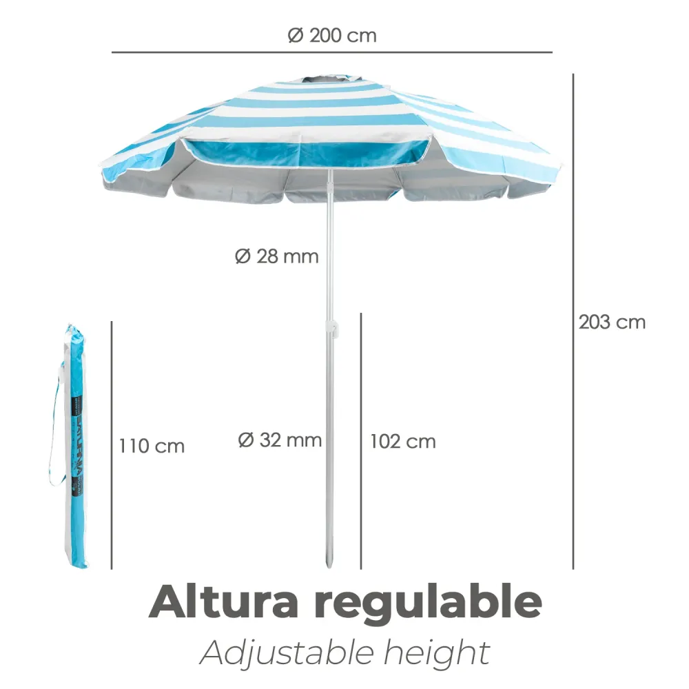 Gran Tamaño para Jardín Sombrilla Playa Aluminio / Poliester Ø 200 cm. Azul y Blanca. Varillas Fibra De Vidrio. Protección...