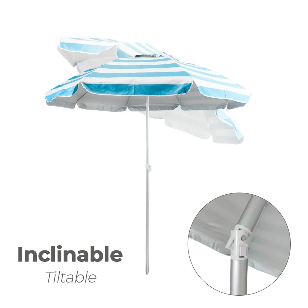 Gran Tamaño para Jardín Sombrilla Playa Aluminio / Poliester Ø 200 cm. Azul y Blanca. Varillas Fibra De Vidrio. Protección...