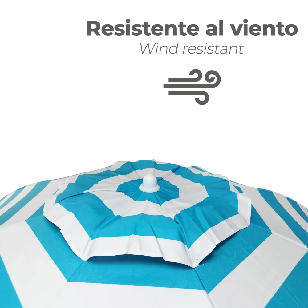 Gran Tamaño para Jardín Sombrilla Playa Aluminio / Poliester Ø 200 cm. Azul y Blanca. Varillas Fibra De Vidrio. Protección...