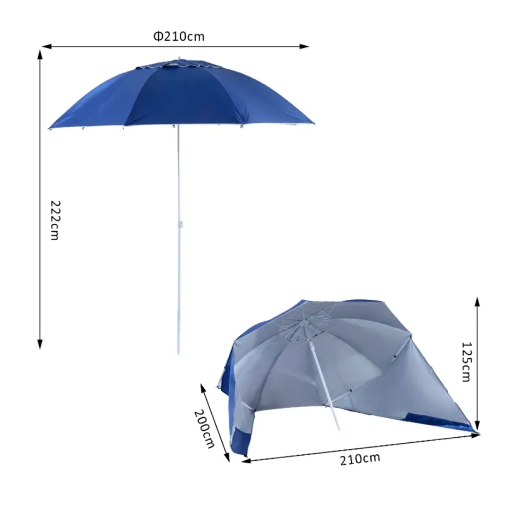Impermeable y Resistentes al Viento Sombrilla de playa Outsunny con paneles laterales azul Ø210x222 cm