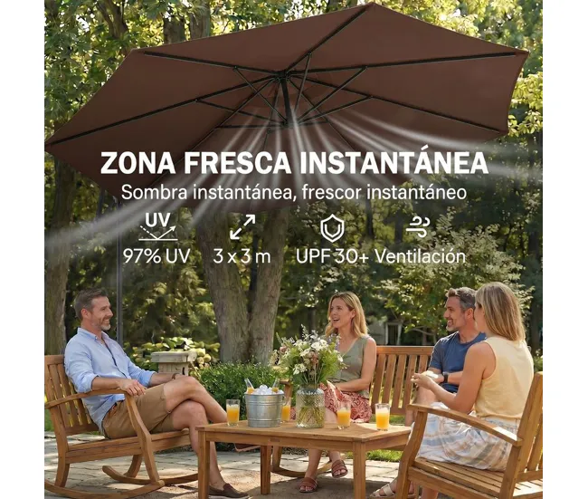 Outsunny Parasol Excéntrico Ø 295 cm Sombrilla de Jardín con Ángulo Ajustable Base Cruzada y Manivela Sombrilla para Terra...