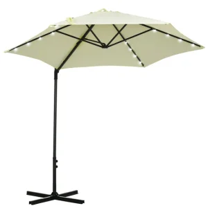 Outsunny Sombrilla de Jardín Ø256x248 cm Parasol de Terraza Manual con Luces LED Solares Poste Giratorio 360° y Ventilació...
