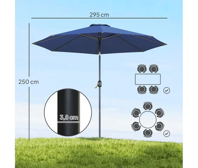 Outsunny Sombrilla de Jardín Ø295x250 cm con Manivela Parasol Exterior con Mecanismo de Inclinación y Poste Desmontable de...