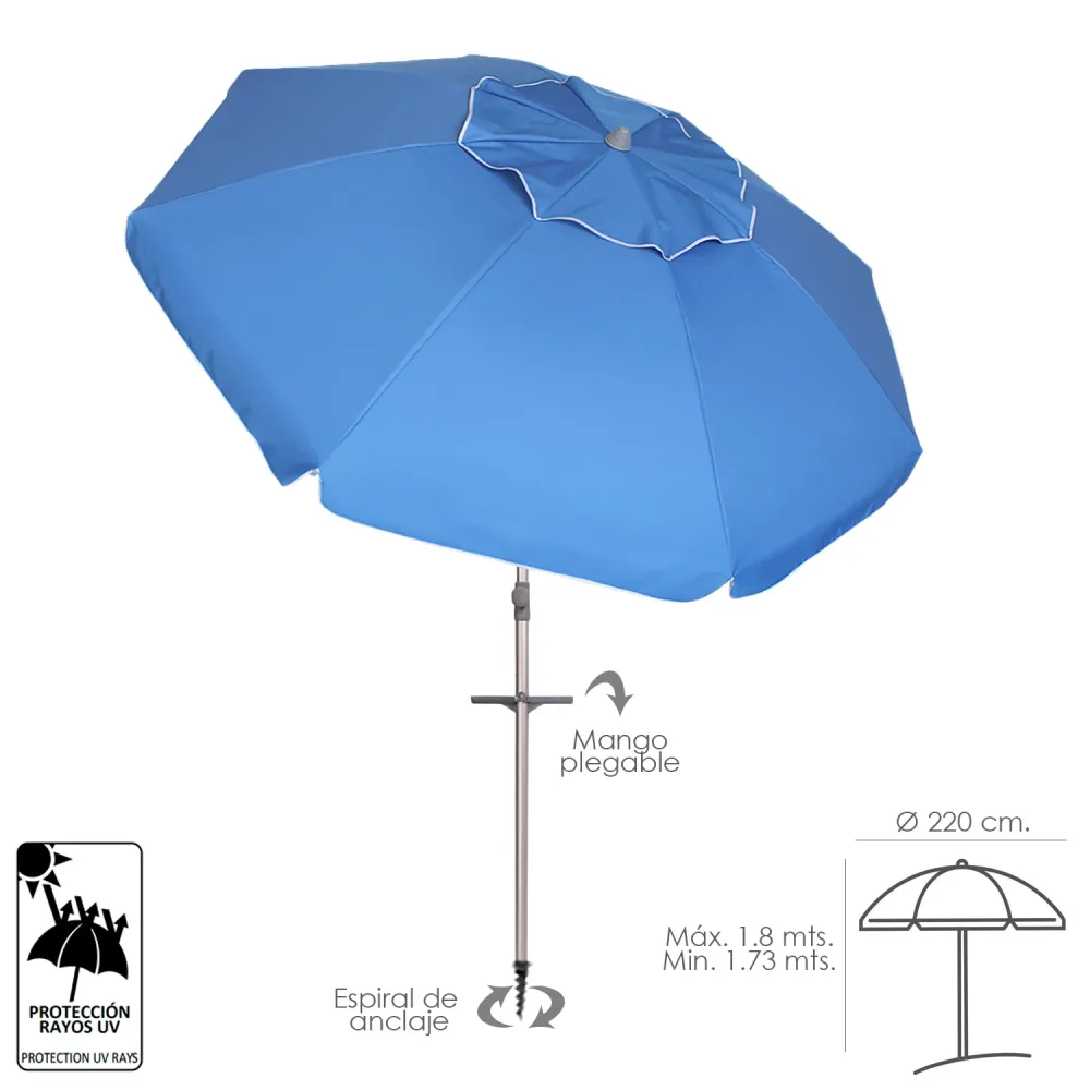 Sombrilla Playa Aluminio Extra Enorme Ø 220 cm. Con Protección UV, Cuspide Anti Viento, Mastil Aluminio con Mango y Espiral