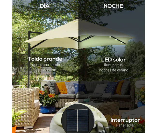 Sombrilla Rectangular Outsunny Sombrilla de Jardín Ø256x248 cm Parasol de Terraza Manual con Luces LED Solares Poste Girat...