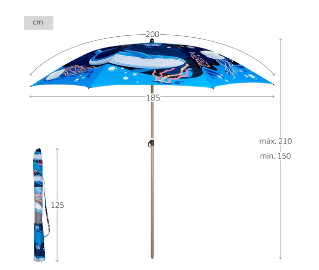 Aktive Sombrilla playa 200 cm inclinable mundo marino UV40 c/funda con Mango Inclinable