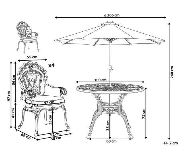 Conjunto de jardín 4 plazas de acero marrón con sombrilla (16 opciones) SAPRI Material Aluminio y Lona