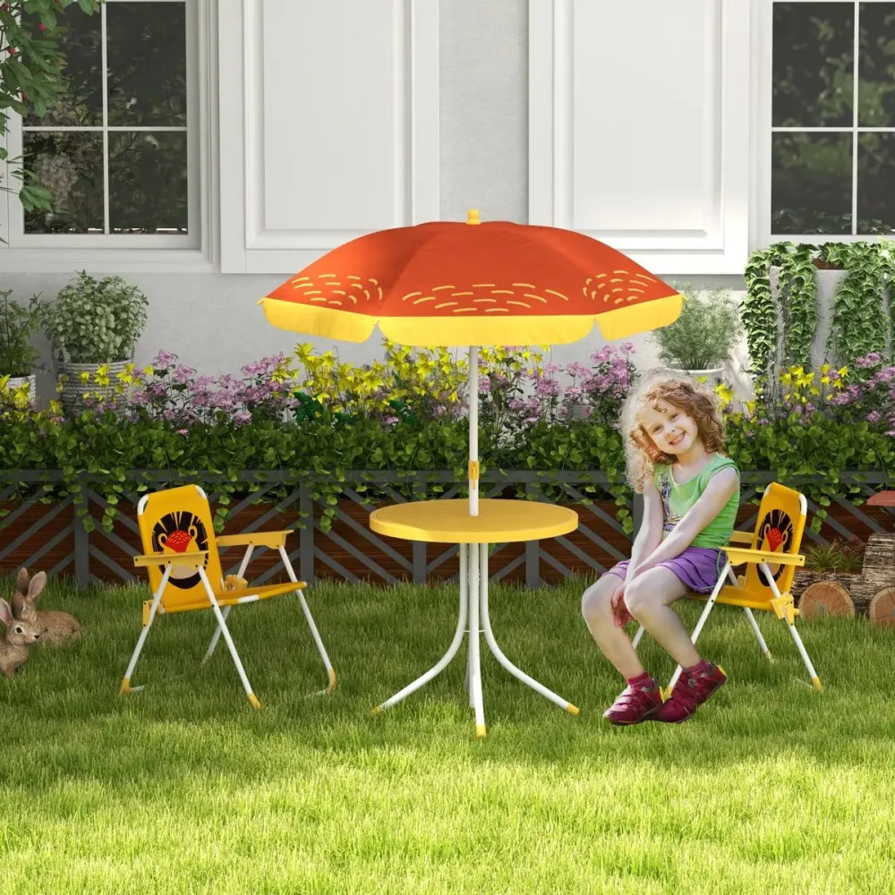 Conjunto de sombrilla + 2 sillas infantiles Lion Outsunny amarillo Diámetro 3 Metros