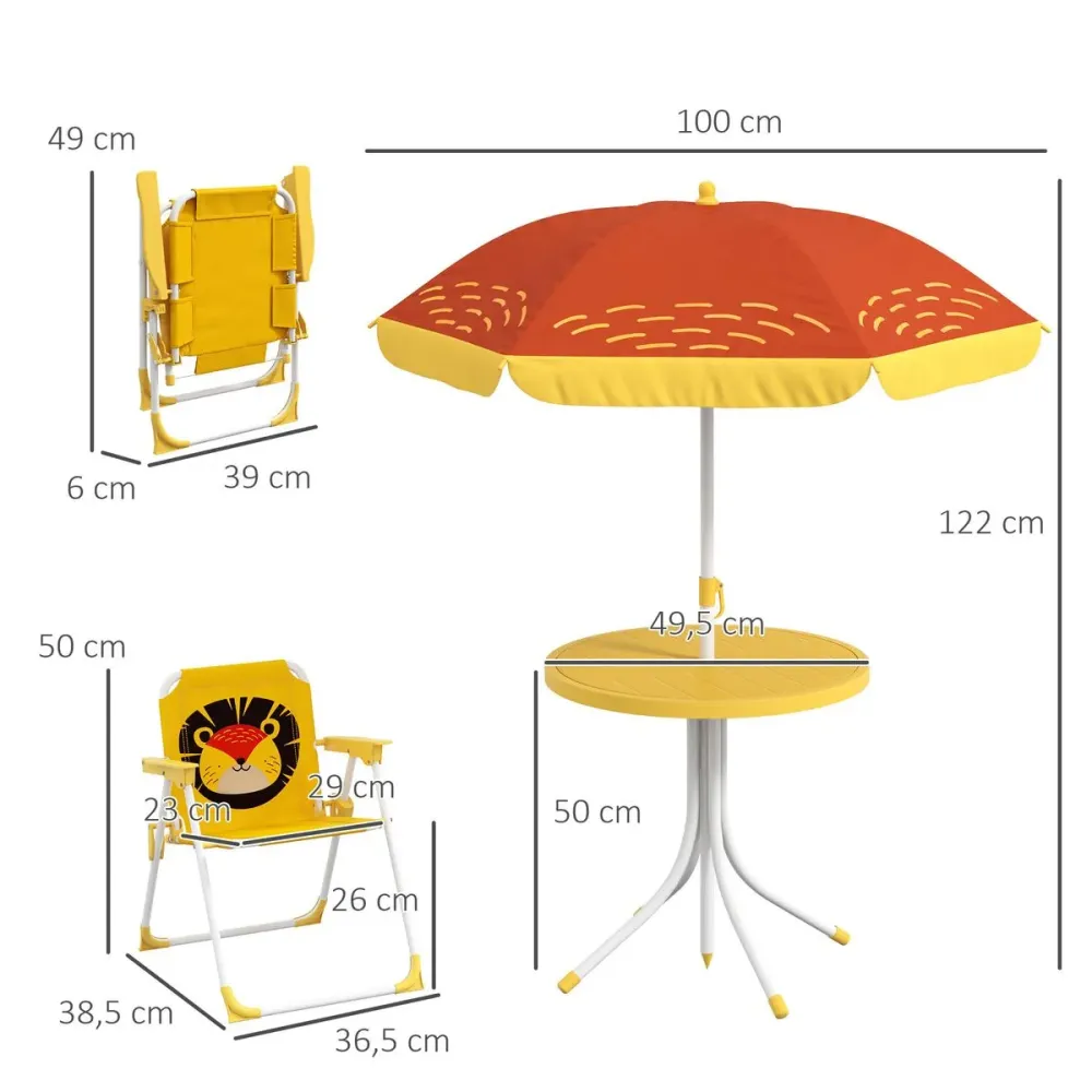 Conjunto de sombrilla + 2 sillas infantiles Lion Outsunny amarillo Diámetro 3 Metros