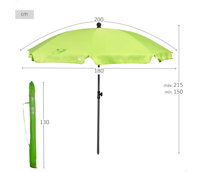 Gran Tamaño para Jardín Aktive Sombrilla playa extenso inclinable verde 200 cm UV30