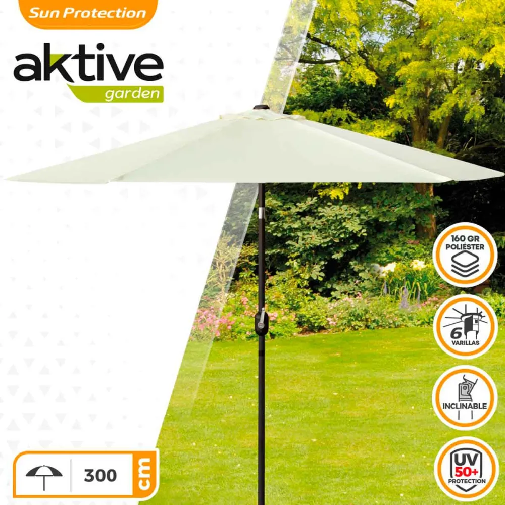 Gran Tamaño para Jardín Sombrilla hexagonal Aktive Garden con manivela y protección UV50 crema Ø300 cm
