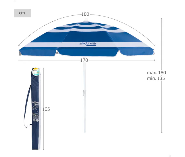Gran Tamaño para Jardín Sombrilla playa Ø180 cm c/mástil inclinable y protección UV50 Aktive