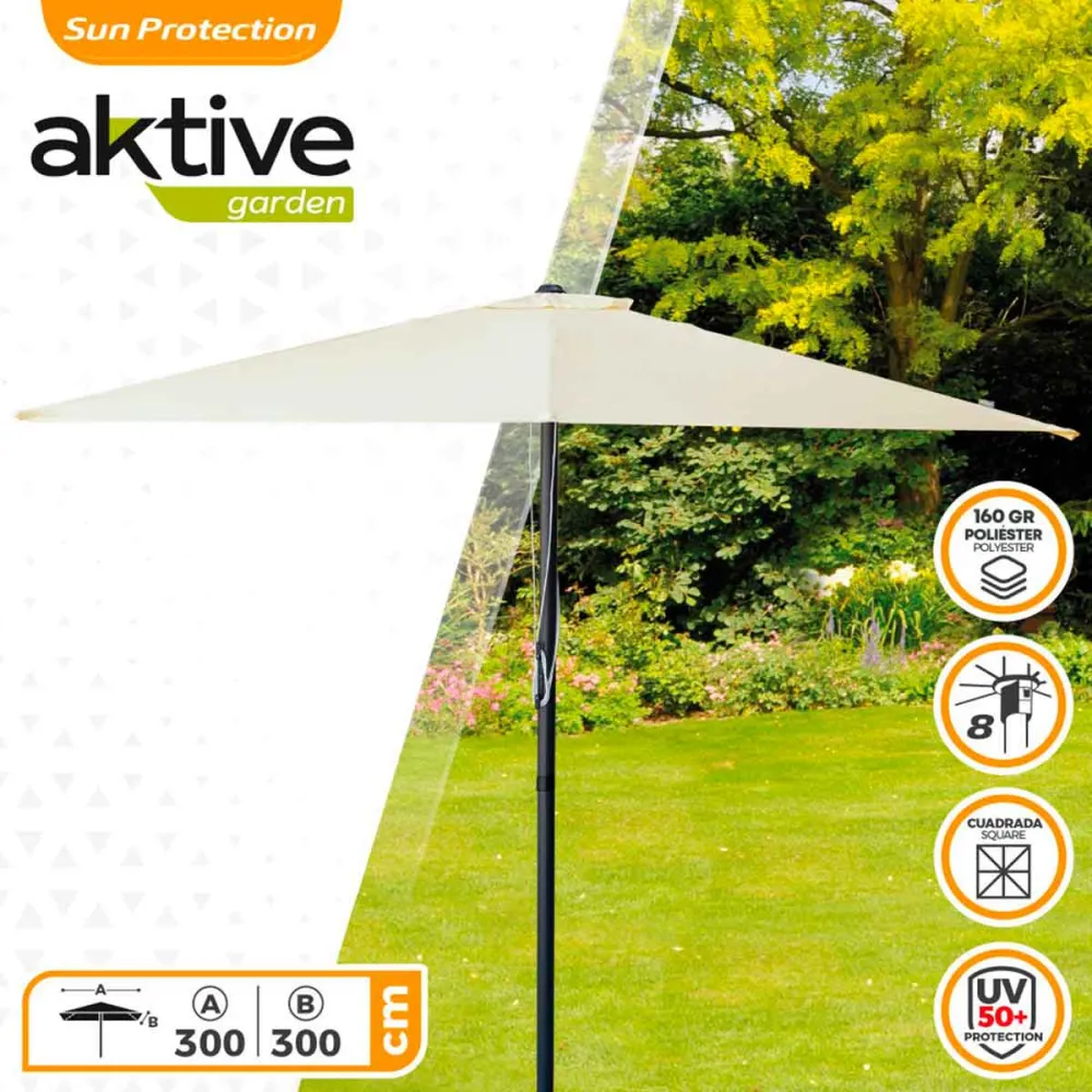 Impermeable y Resistentes al Viento Sombrilla cuadrada Aktive Garden con poleas protección UV50 crema 300x300 cm
