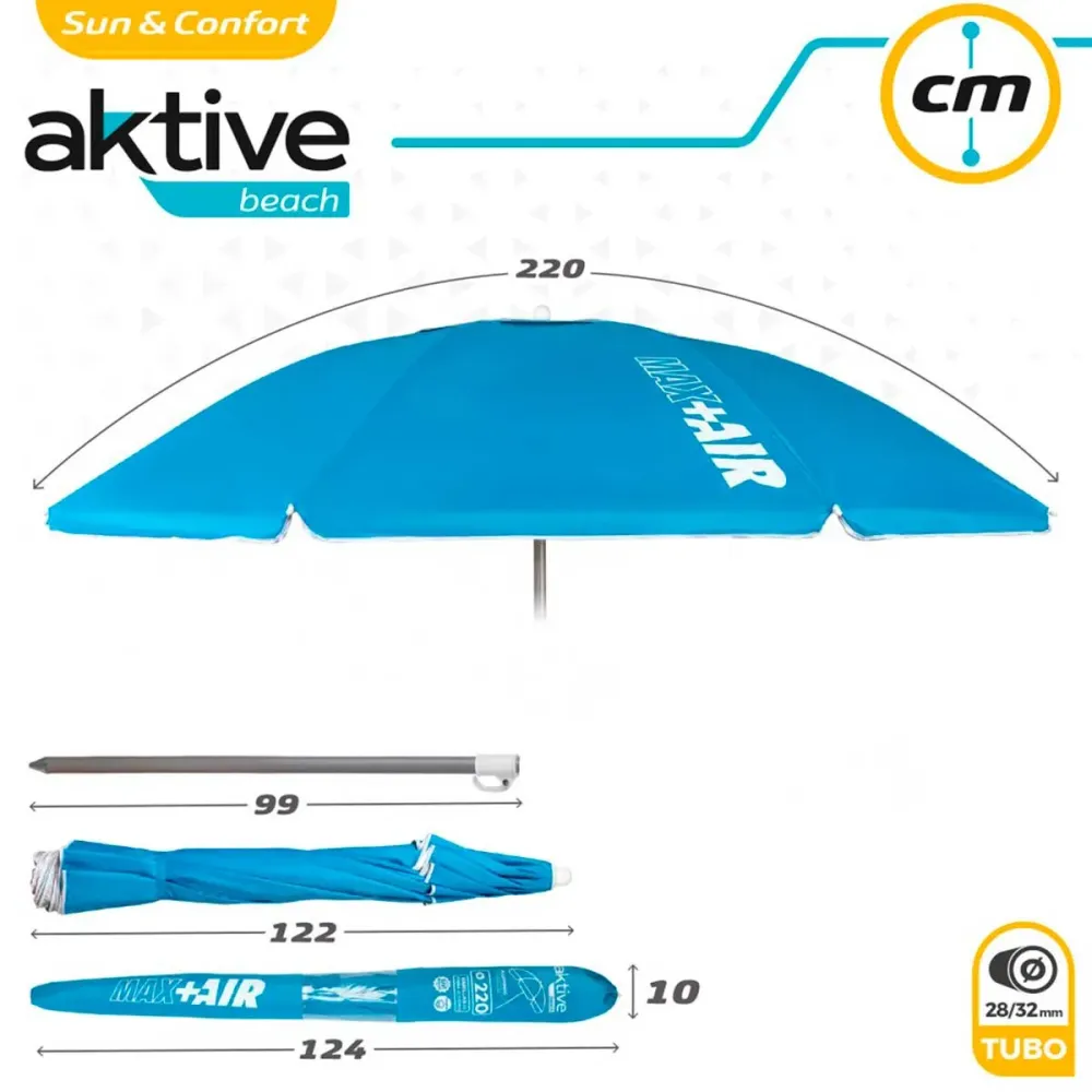 Premium con Mecanismo de Inclinación Sombrilla Air Max Aktive Beach altura regulable protección UV50 azul Ø220 cm