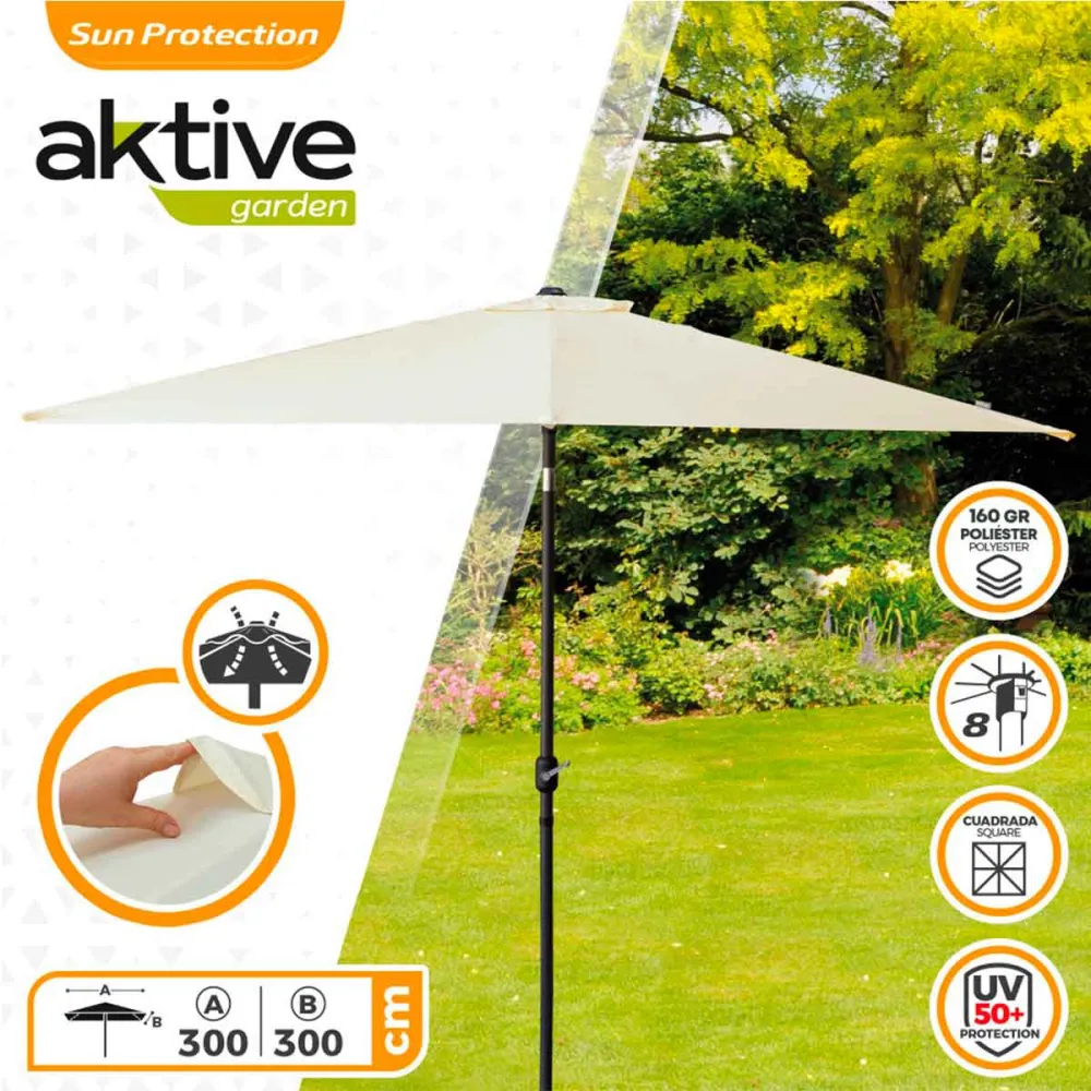 Sombrilla cuadrada Aktive Garden con manivela protección UV50 crema 300x300 cm con Protección UV 50+