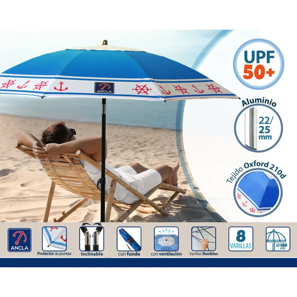 Sombrilla de playa Azul Ø 180 cm SPF50+ Ancla en Color Arena y Blanco