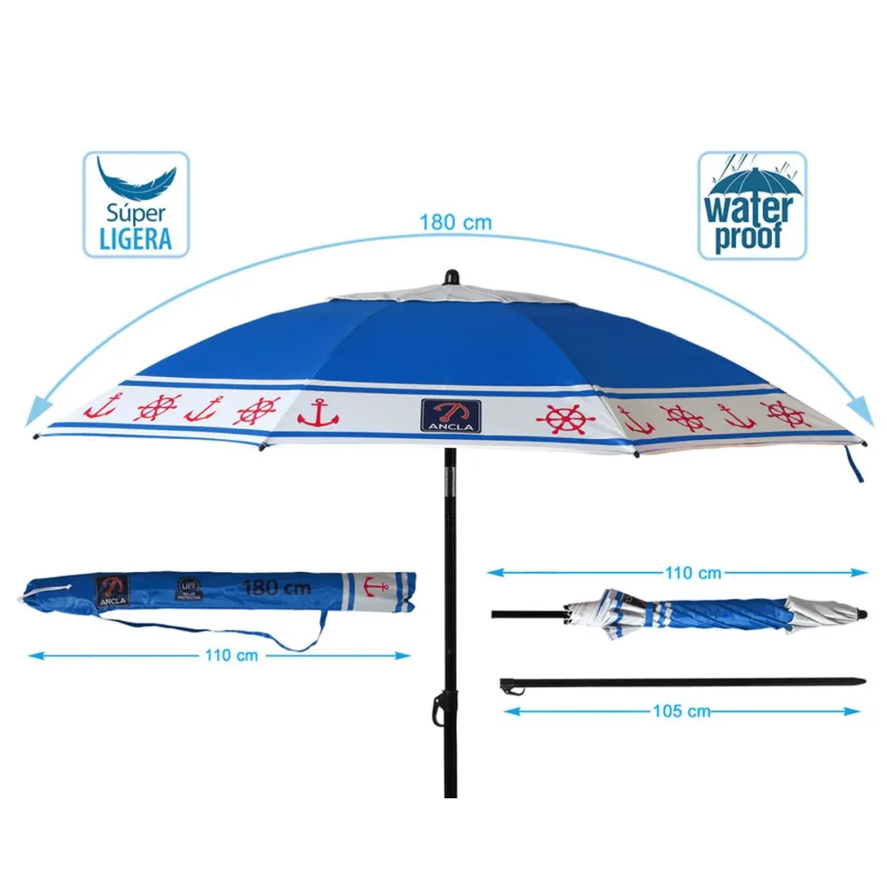 Sombrilla de playa Azul Ø 180 cm SPF50+ Ancla en Color Arena y Blanco
