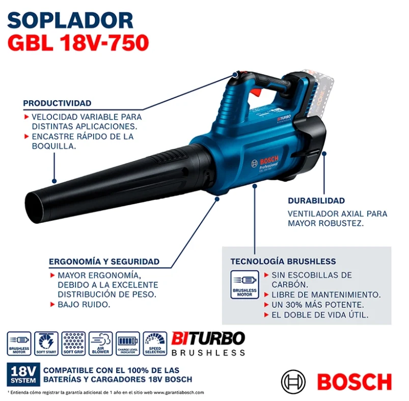 Certificado CE Soplador de hojas Brushless Bosch GBL 18V-750 18V