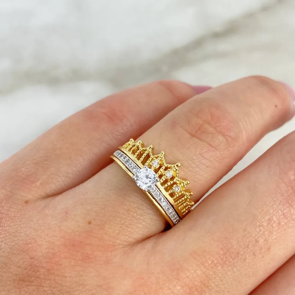 Anillo Corona Genuino Doble Solitario 4.1gr / T5 / Circones Blancos Dos Oros Amarillo Blanco