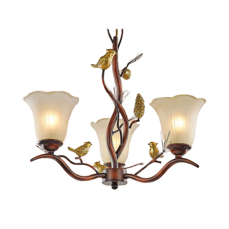 Bloemvormige woonkamer plafondkroonluchter rustiek matglas 3/6/8 lichtbruin hangend armatuur met vogel
