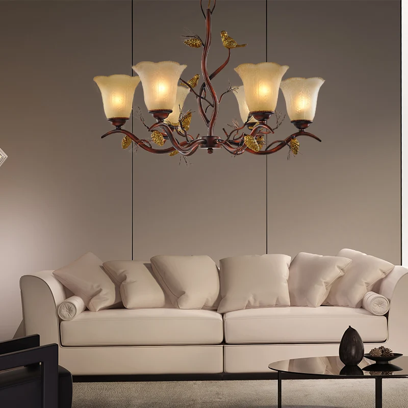 Bloemvormige woonkamer plafondkroonluchter rustiek matglas 3/6/8 lichtbruin hangend armatuur met vogel