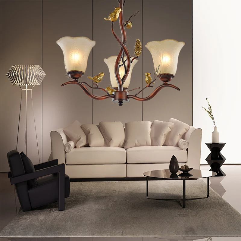 Bloemvormige woonkamer plafondkroonluchter rustiek matglas 3/6/8 lichtbruin hangend armatuur met vogel
